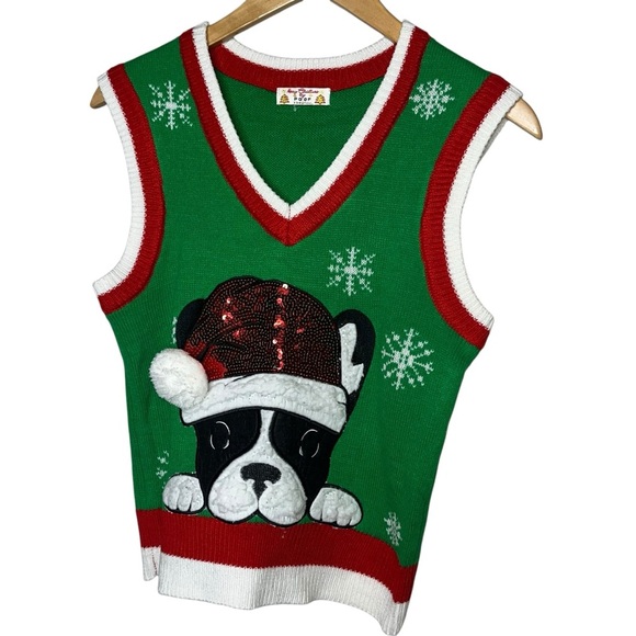 Merry Christmas POOF black white green red Frenchie bulldog sweater vest small s - Picture 4 of 7